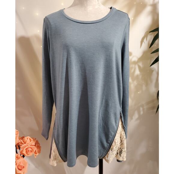 Logo Lounge Lori Goldstein French Terry Lace Side Zip Top Plus Size 1X Blue - Picture 1 of 9
